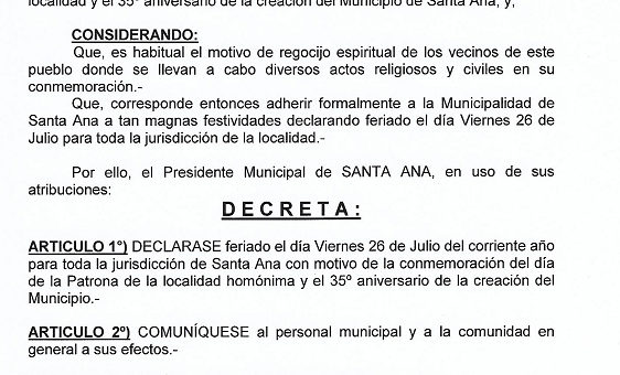 FERIADO POR EL DIA DE LA SANTA PATRONA