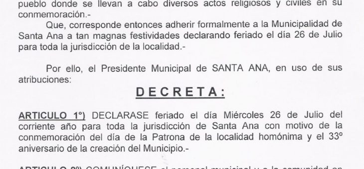 Feriado por el Día de nuestra Santa Patrona